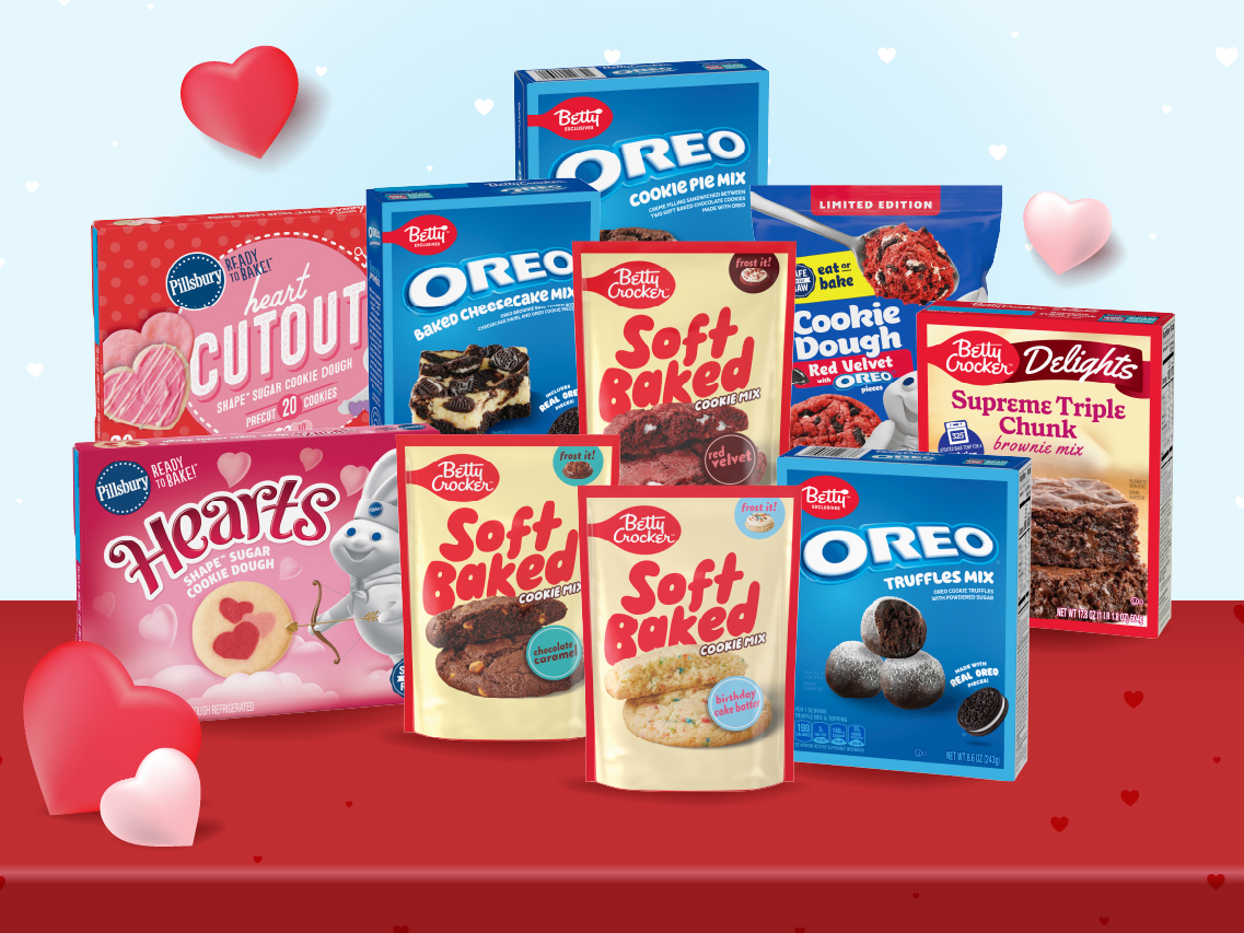General Mills products including Betty Crocker brownie mix, OREO baking mixes and Pillsbury Hearts Shape cookies