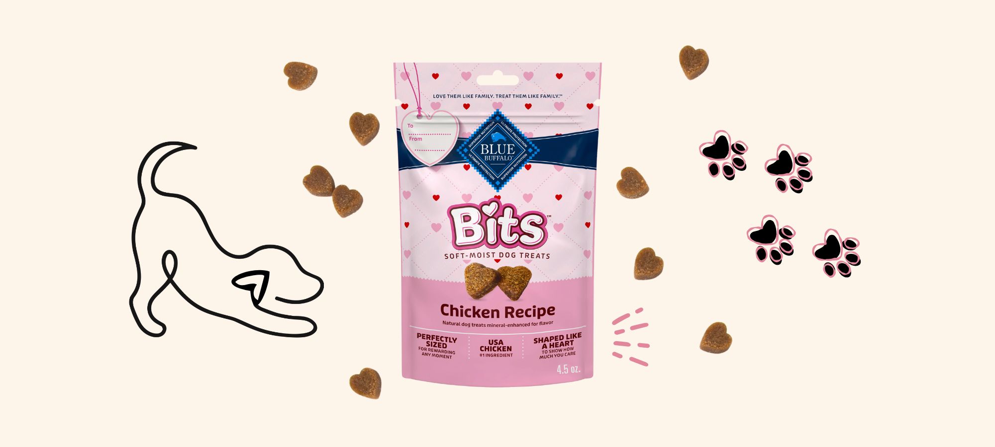 ​​Valentine’s Day treats for your furry friends including Blue Buffalo Valentine’s Day edition Blue Bits on a pink background. 