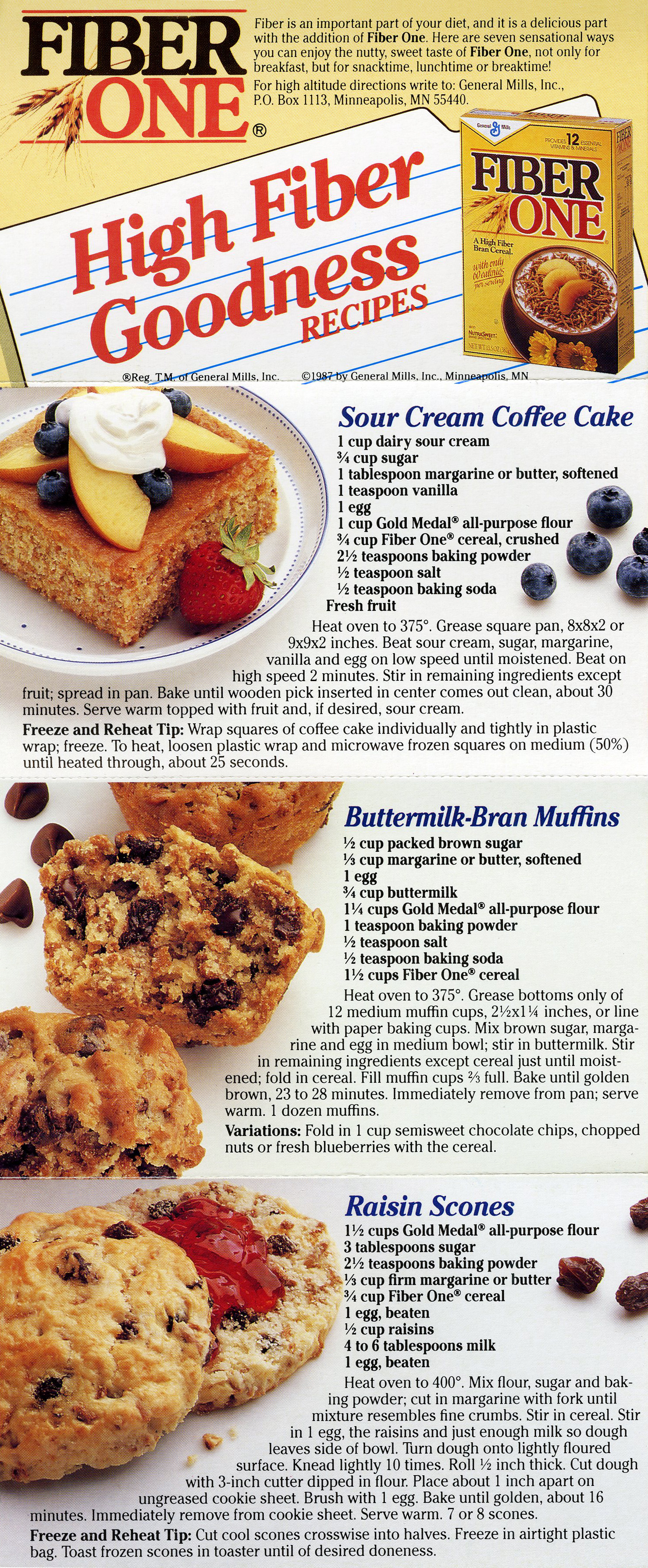 A recipe pamphlet titled 'Fiber One High Fiber Goodness Recipes.' It features images and instructions for making Sour Cream Coffee Cake, Buttermilk-Bran Muffins, and Raisin Scones, all using Fiber One cereal as a key ingredient.