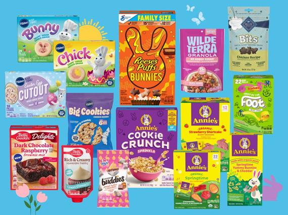 Pillsbury Shape Sugar Cookies, Reeses’s Puffs Bunnies, Betty Crocker Delights and more spring-forward products arranged on a bright blue background with sun and buttery fly infographics for spring.