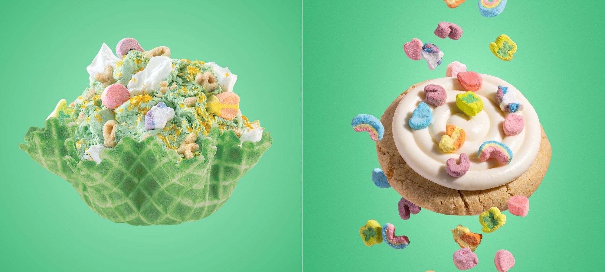 ​​Extra sweet collaborations featuring Crumble Cookies x Lucky Charms and Cold Stone x Lucky Charms Ice-cream on a green background.