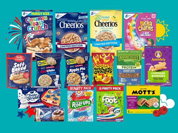 General Mills summer products including Cinnamon Toast Crunch Root Beer Float Cereal, Pillsbury Grands! S’mores Cinnamon Rolls and Annie’s Organic Nature Pals Fruit Snacks on a summer-themed background.