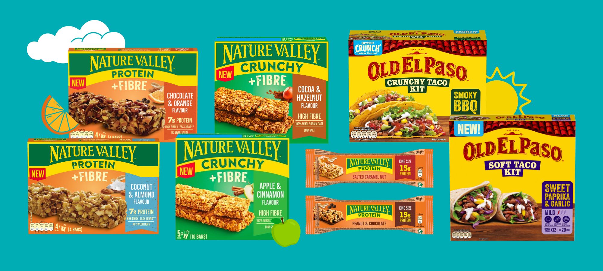 New International products hitting shelves this summer including Nature Valley Protein + Fibre and Nature Valley Protein King Size featured on a summer-themed background.