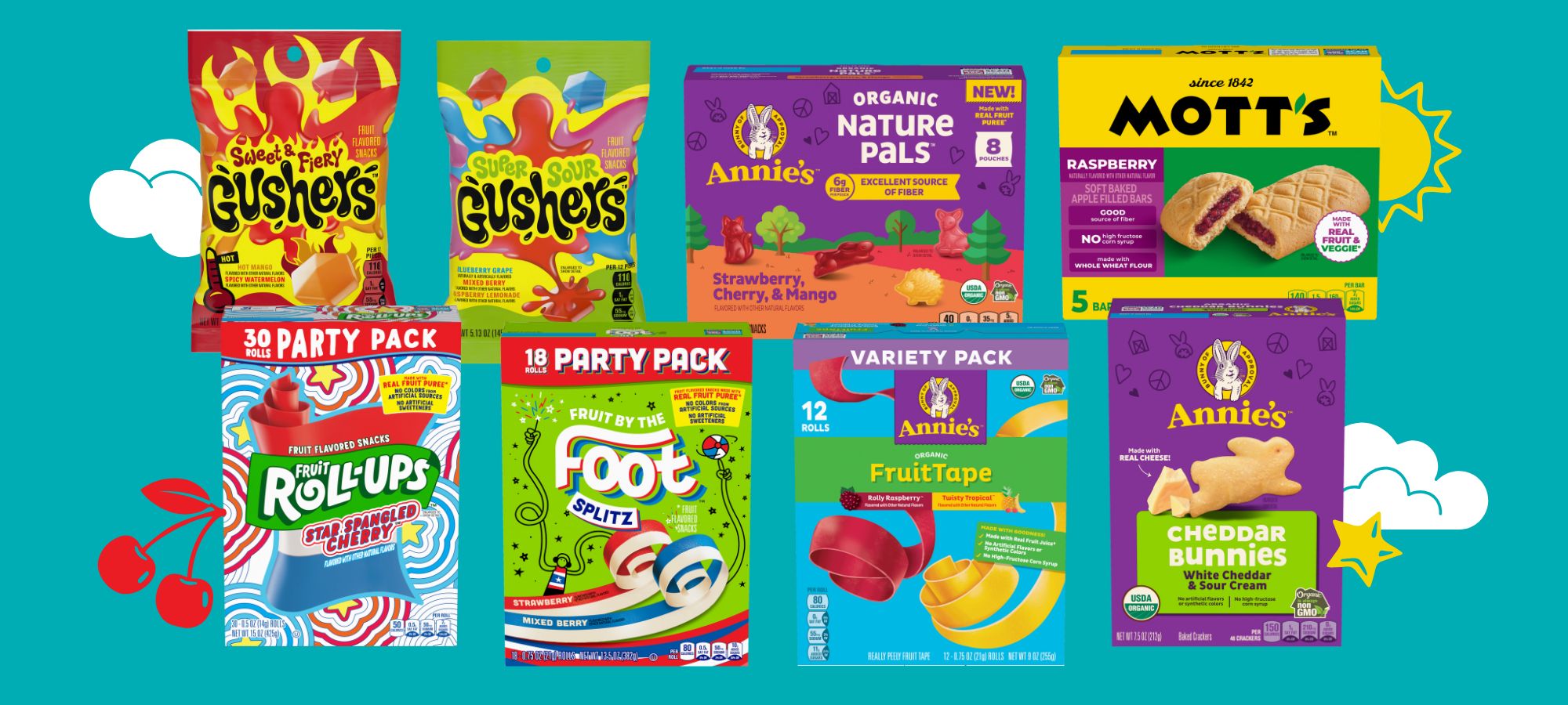 On the go snacks like Annie’s Organic Fruit Tape and Gushers Super Sour featured on a summer-themed background.