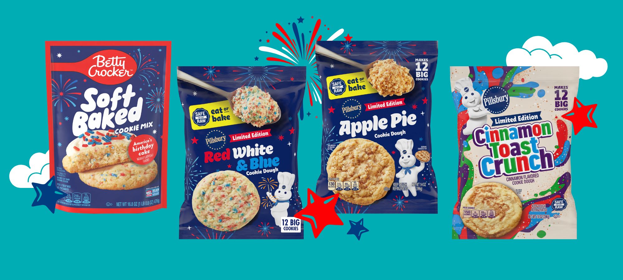 Sweet treats for summer celebrations like Betty Crocker America’s Birthday Cake Soft Baked Cookie Mix and Pillsbury Apple Pie Ready-to-Bake Cookie Dough featured on a summer-themed background.